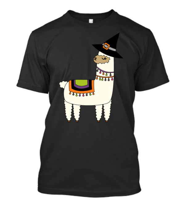 Halloween Llama In Witch Hat With Colorful Blanket And String Lights T-Shirt
