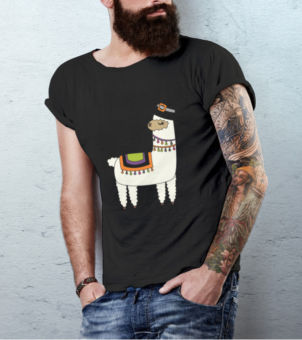 Halloween Llama In Witch Hat With Colorful Blanket And String Lights T-Shirt