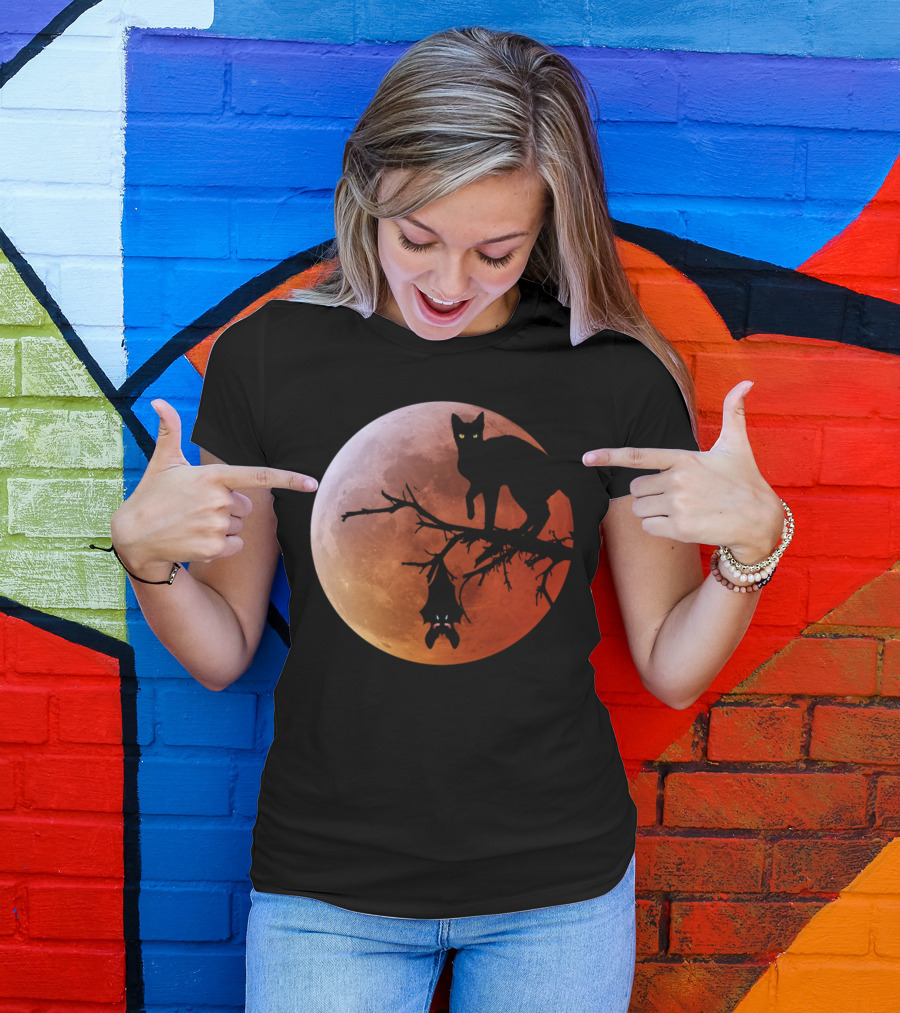 Halloween Full Moon Cat And Bat T-Shirt