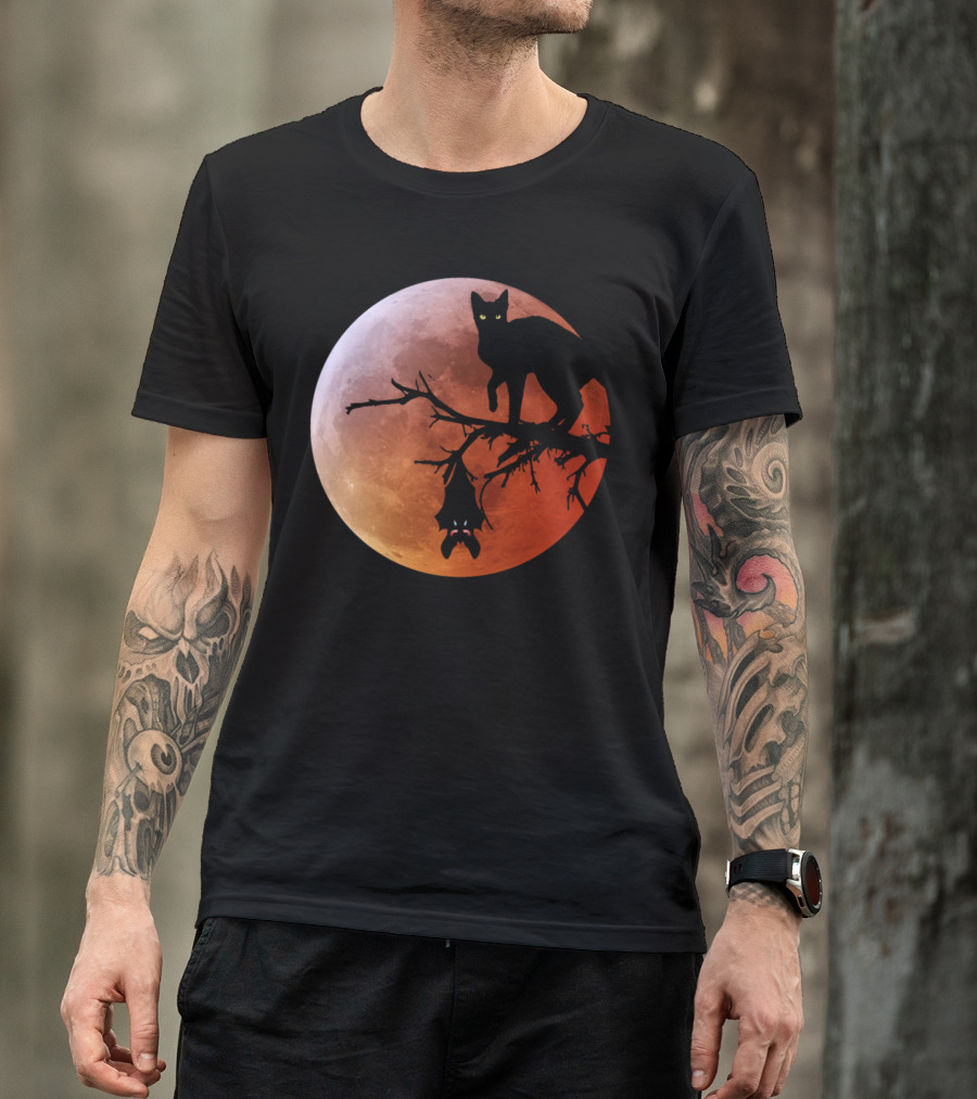 Halloween Full Moon Cat And Bat T-Shirt
