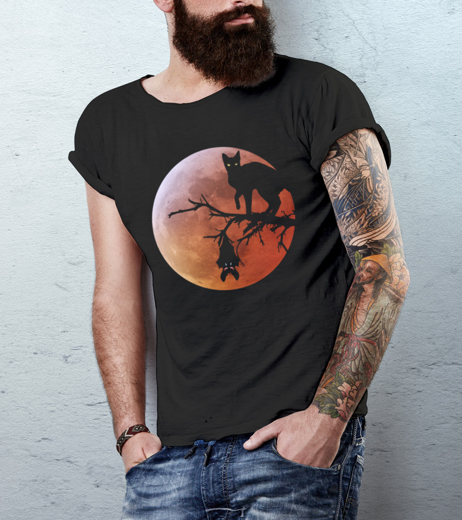 Halloween Full Moon Cat And Bat T-Shirt