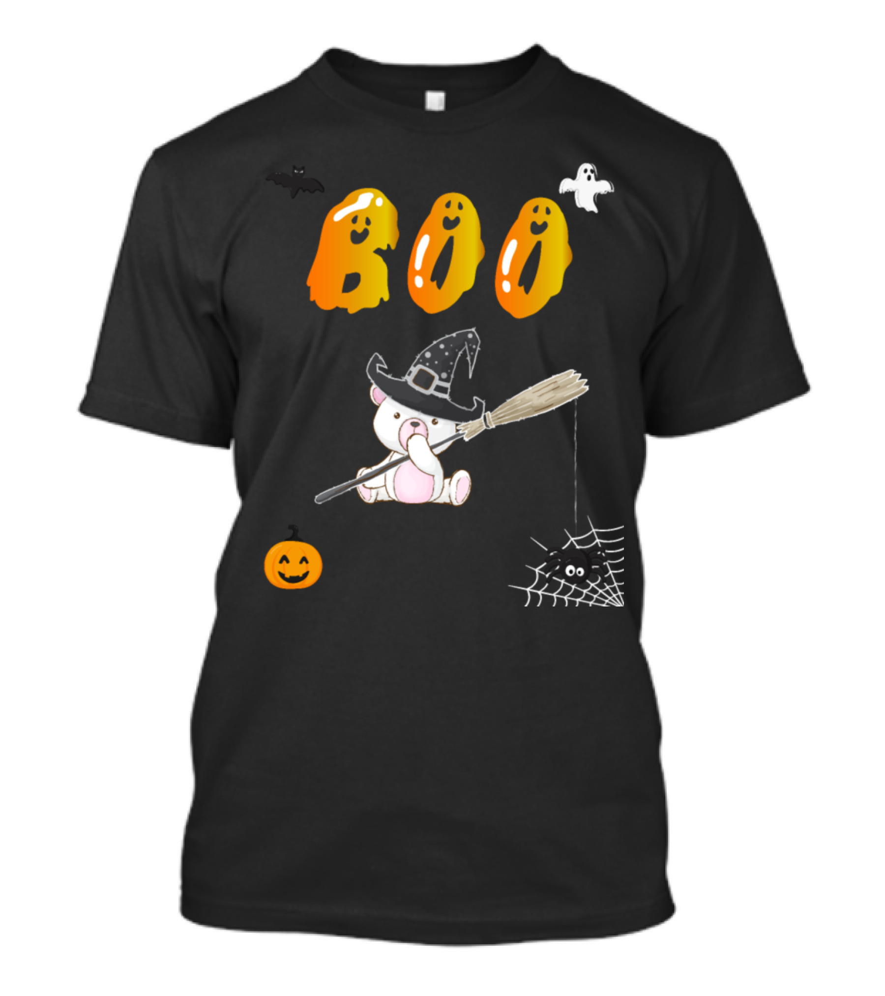 Boo Halloween Witch Teddy Bear With Broom And Ghosts T-Shirt