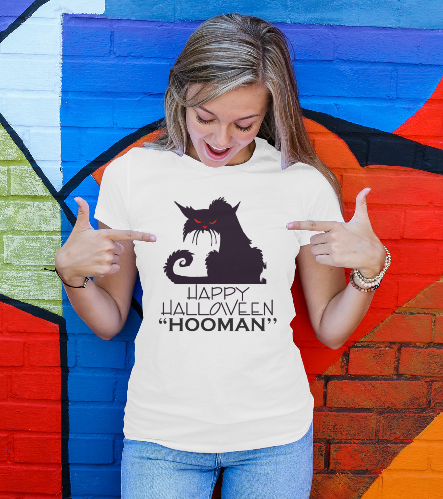 HAPPY HALLOWEEN Hooman Creepy Cat With Red Eyes T-Shirt