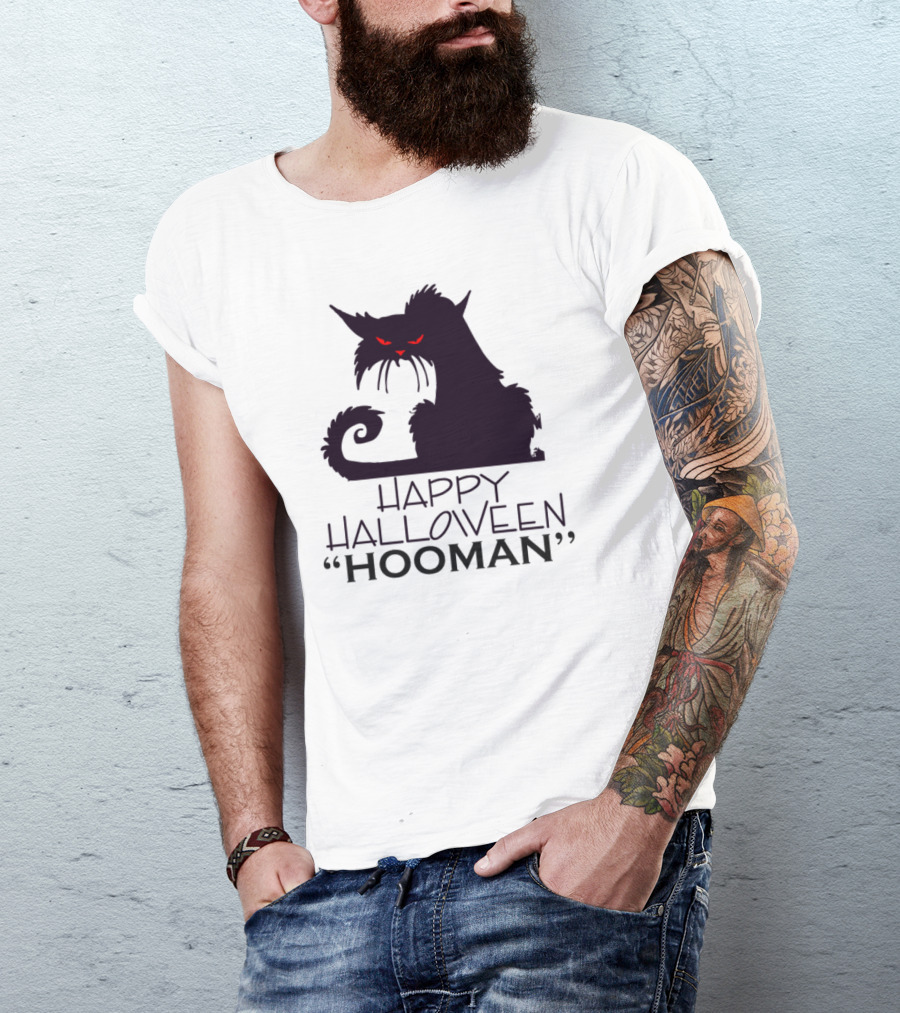 HAPPY HALLOWEEN Hooman Creepy Cat With Red Eyes T-Shirt