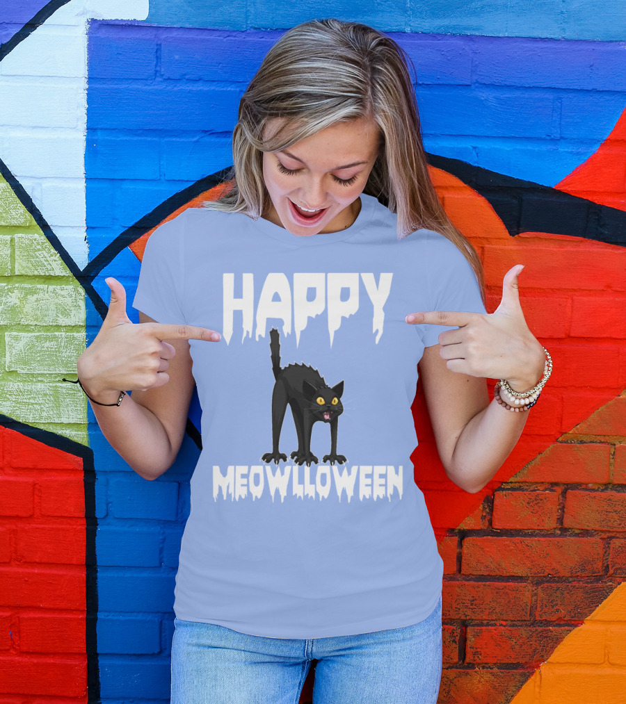 Happy Meowlloween Funny Halloween Horror Scary Black Cat T-Shirt