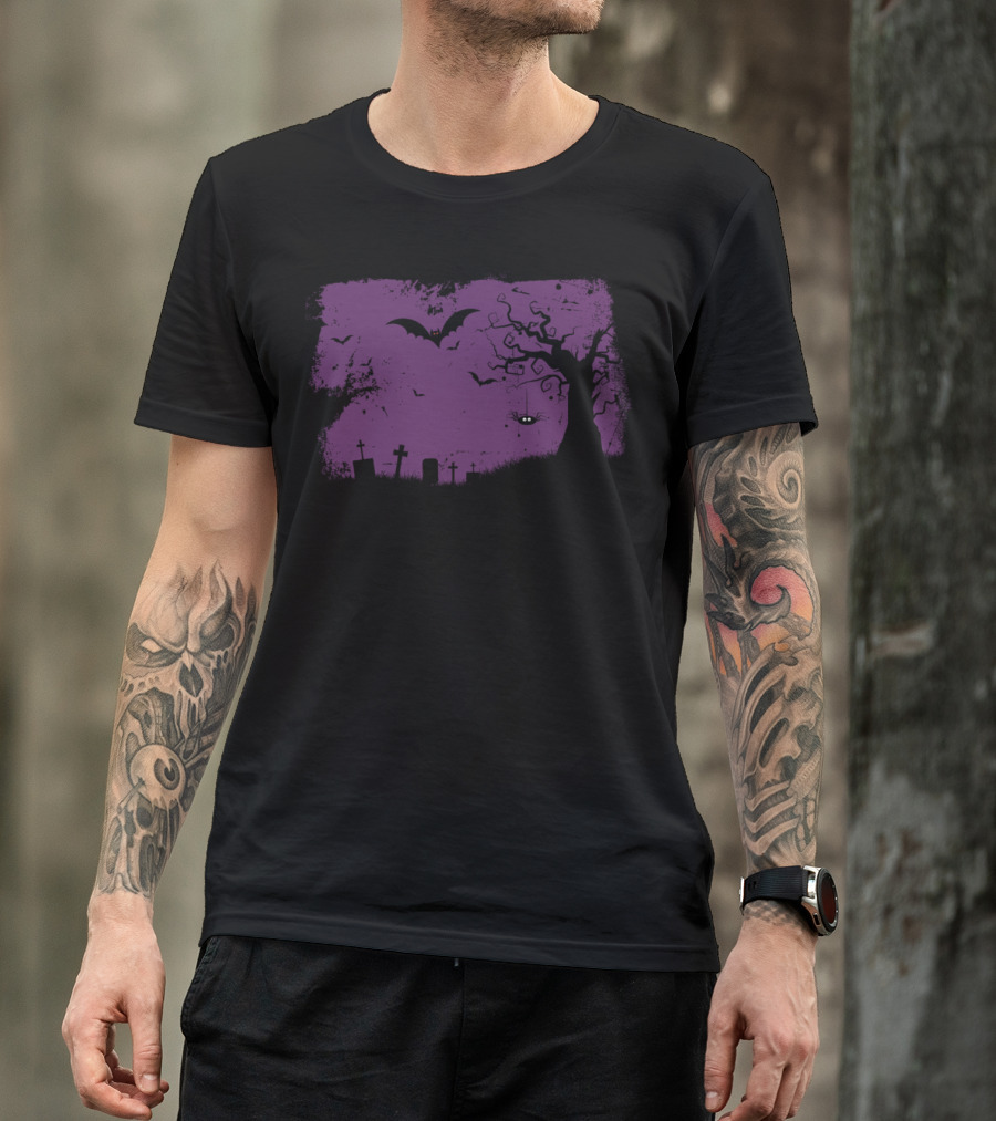 Helloween Spooky Spider And Bat Graveyard Scene T-Shirt