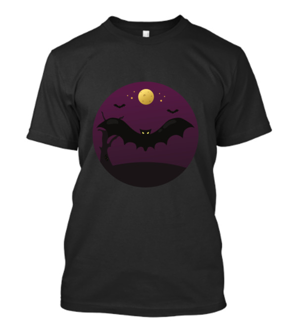 Moonlit Bat Night Scene With Glowing Eyes And Yellow Full Moon T-Shirt