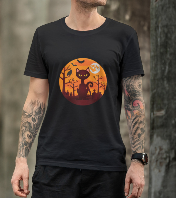 Orange Moon Halloween Cat Graveyard Bat T-Shirt
