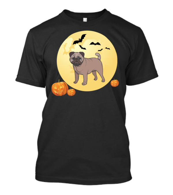 Pug Dog And Moon Halloween Pumpkin Bats T-Shirt