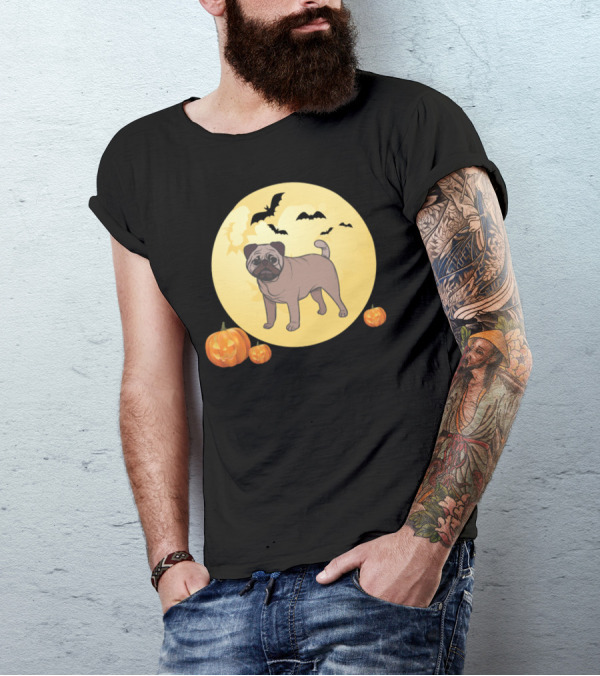 Pug Dog And Moon Halloween Pumpkin Bats T-Shirt