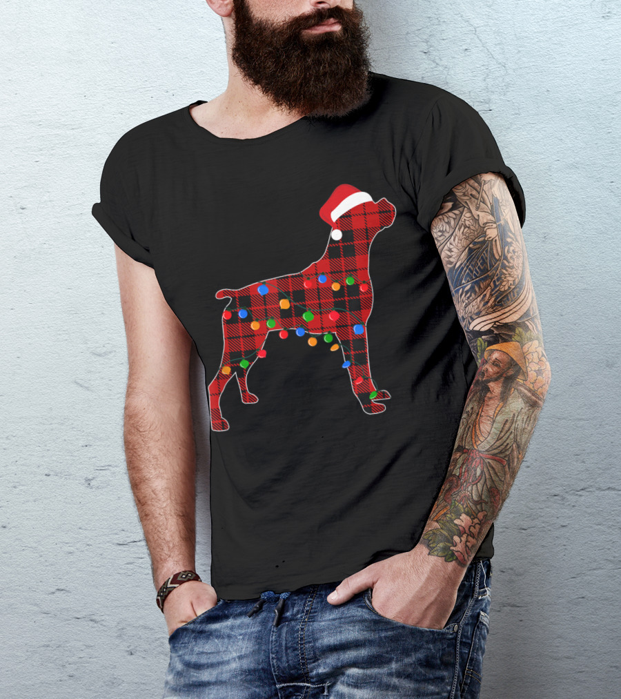 Boxer Red Plaid Dog Christmas Lights Santa Hat T-Shirt