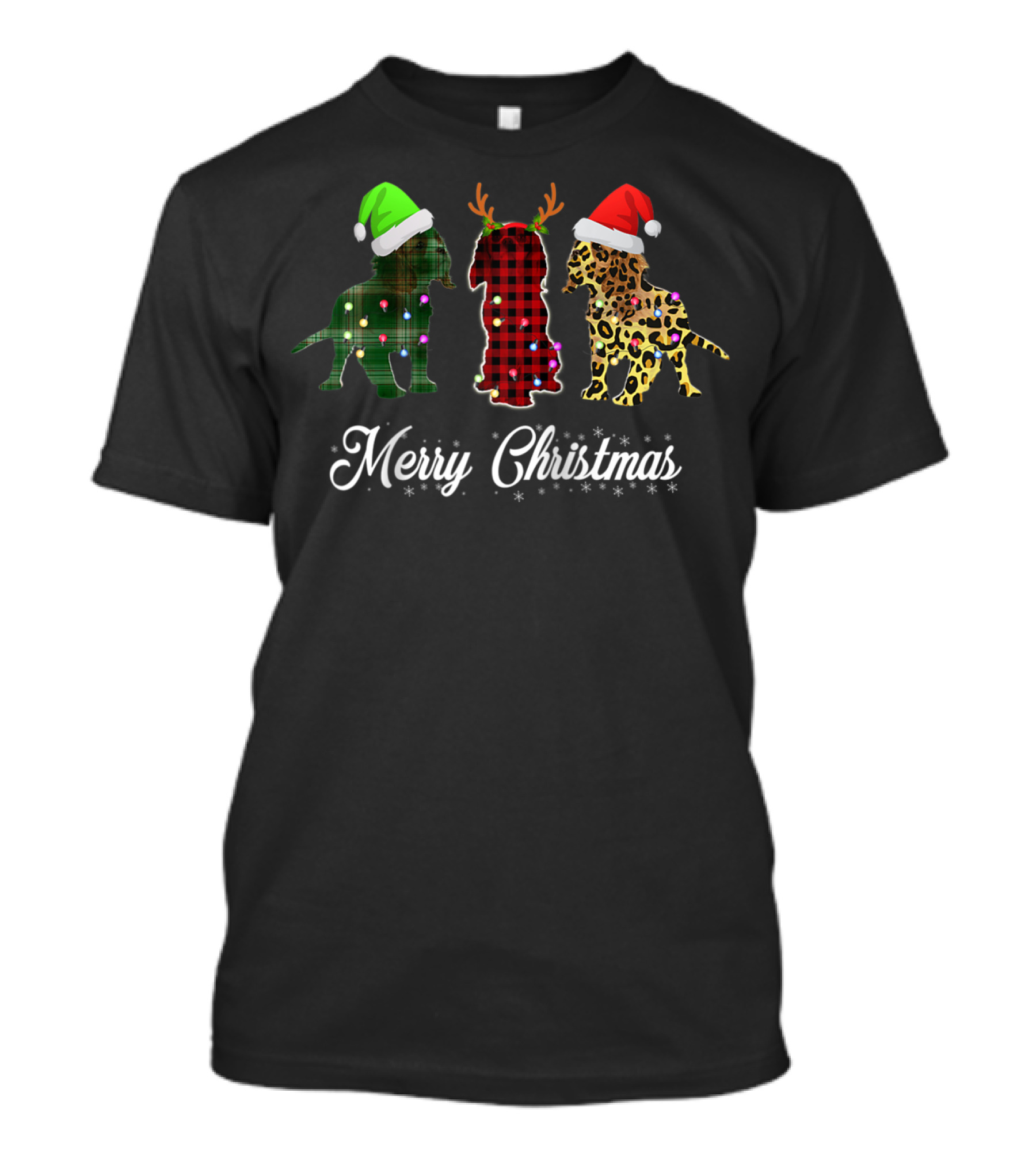 Cavalier King Charles Spaniel Merry Christmas Santa Hat Reindeer Antlers Leopard Plaid T-Shirt