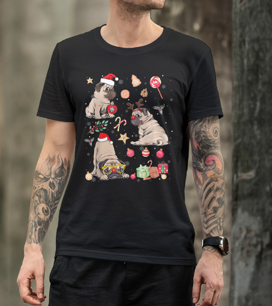 Merry Christmas Cute Pug Santa Hat Funny Dogs With Holiday Candies And Gifts T-Shirt