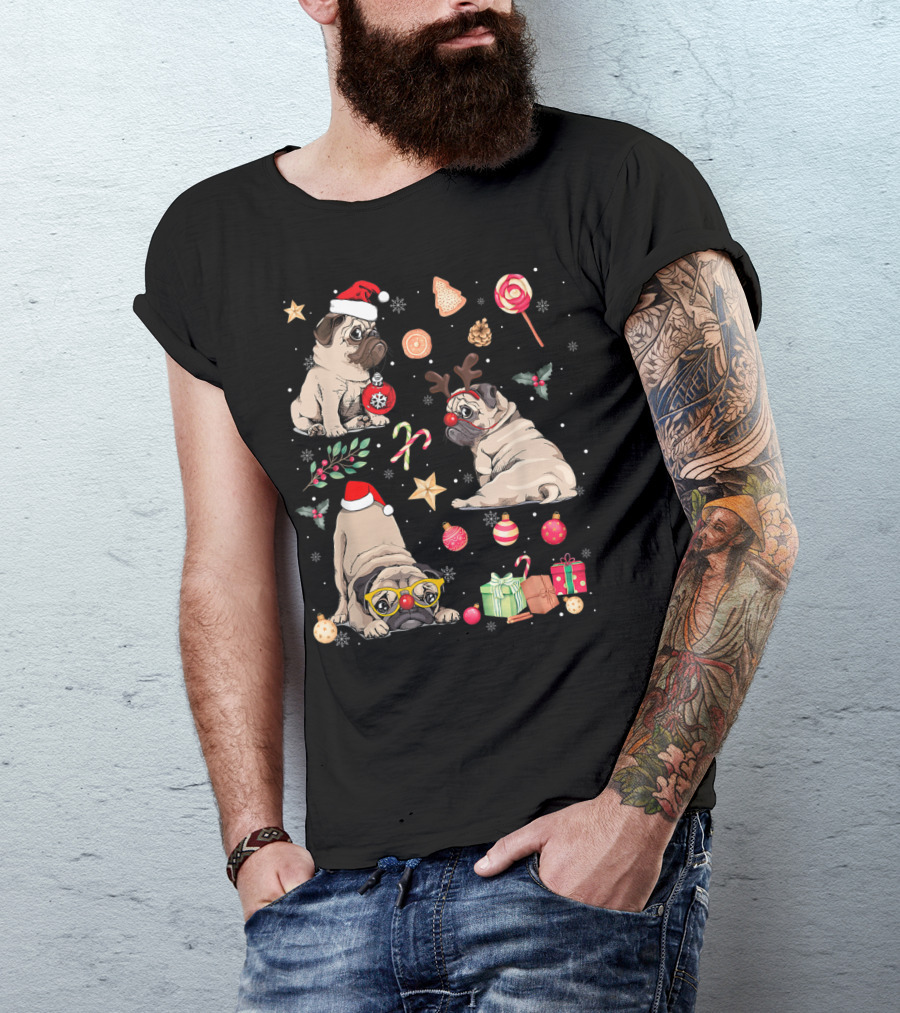 Merry Christmas Cute Pug Santa Hat Funny Dogs With Holiday Candies And Gifts T-Shirt