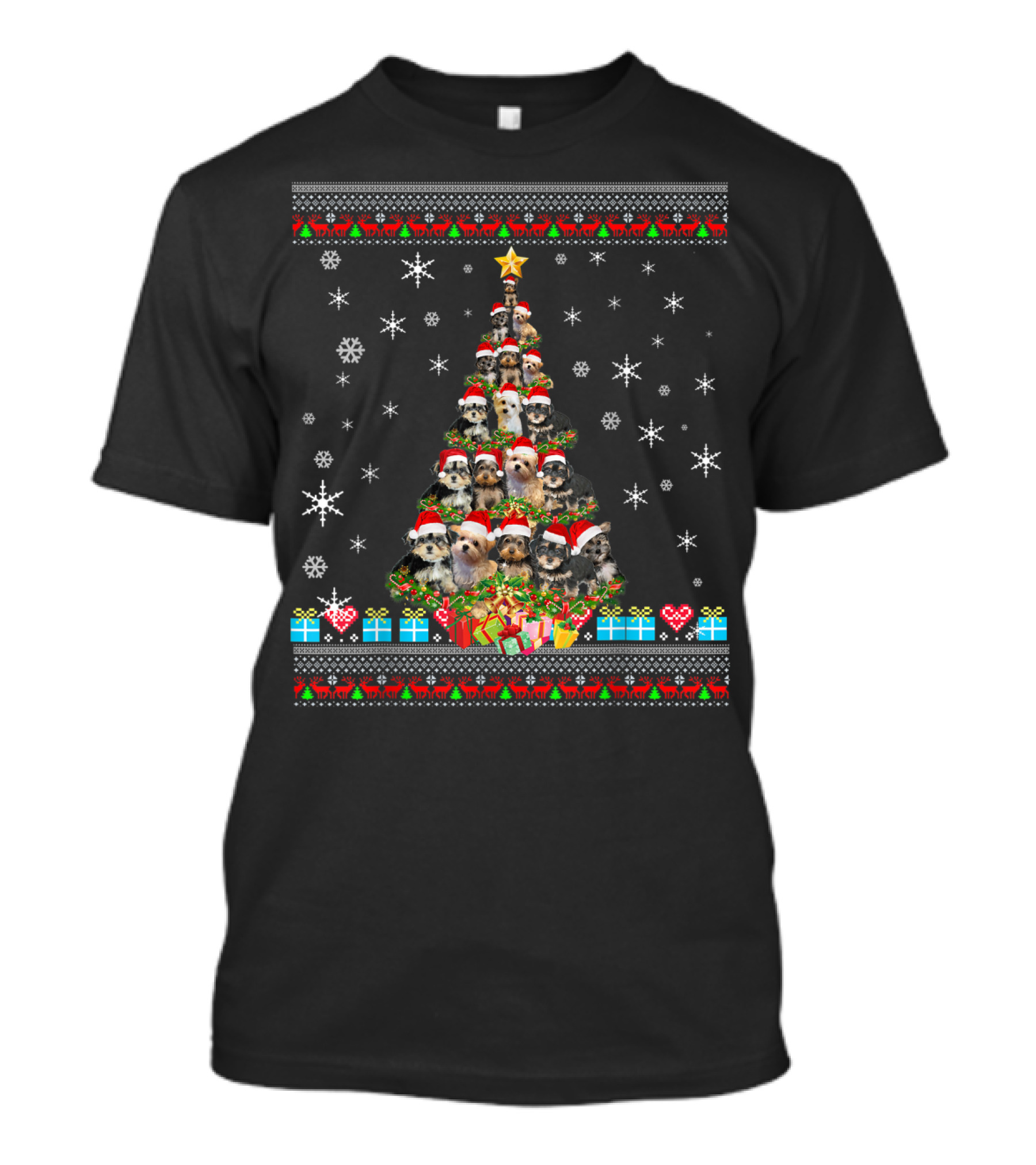 Ugly Christmas Tree Morkie Dog Lovers Santa Hat Snowflakes Presents T-Shirt