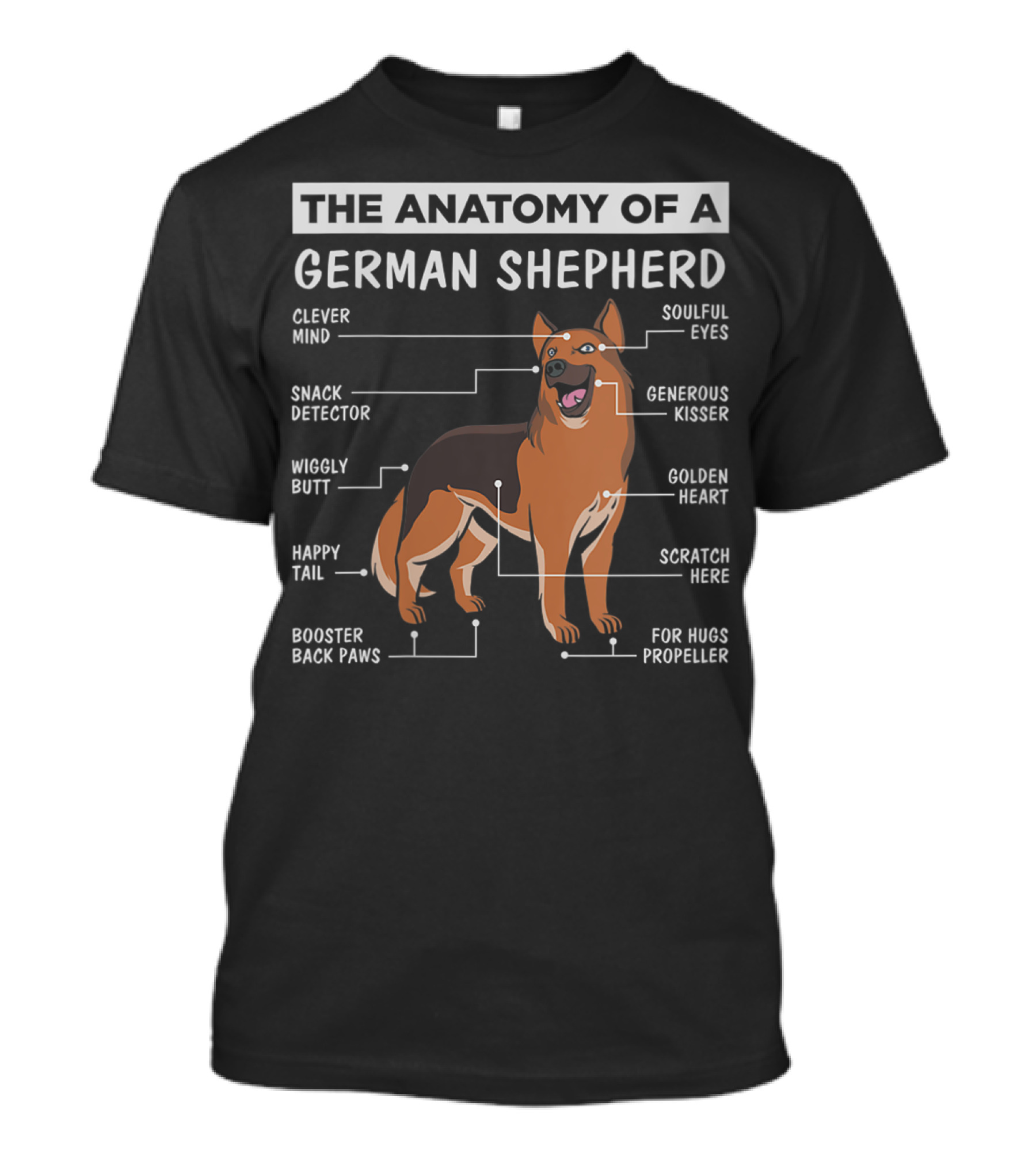 The Anatomy Of A German Shepherd Clever Mind Soulful Eyes Snack Detector Generous Kisser Wiggly Butt Golden Heart Happy Tail Scratch Here Booster Back Paws For Hugs Propeller T-Shirt