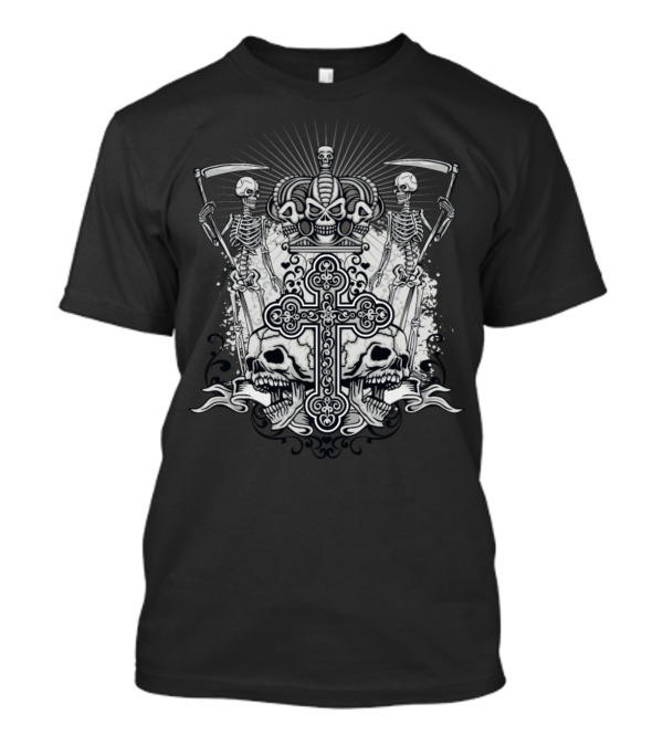 Heavy Metal Hard Rock Skull Cross Skeletons Crown T-Shirt