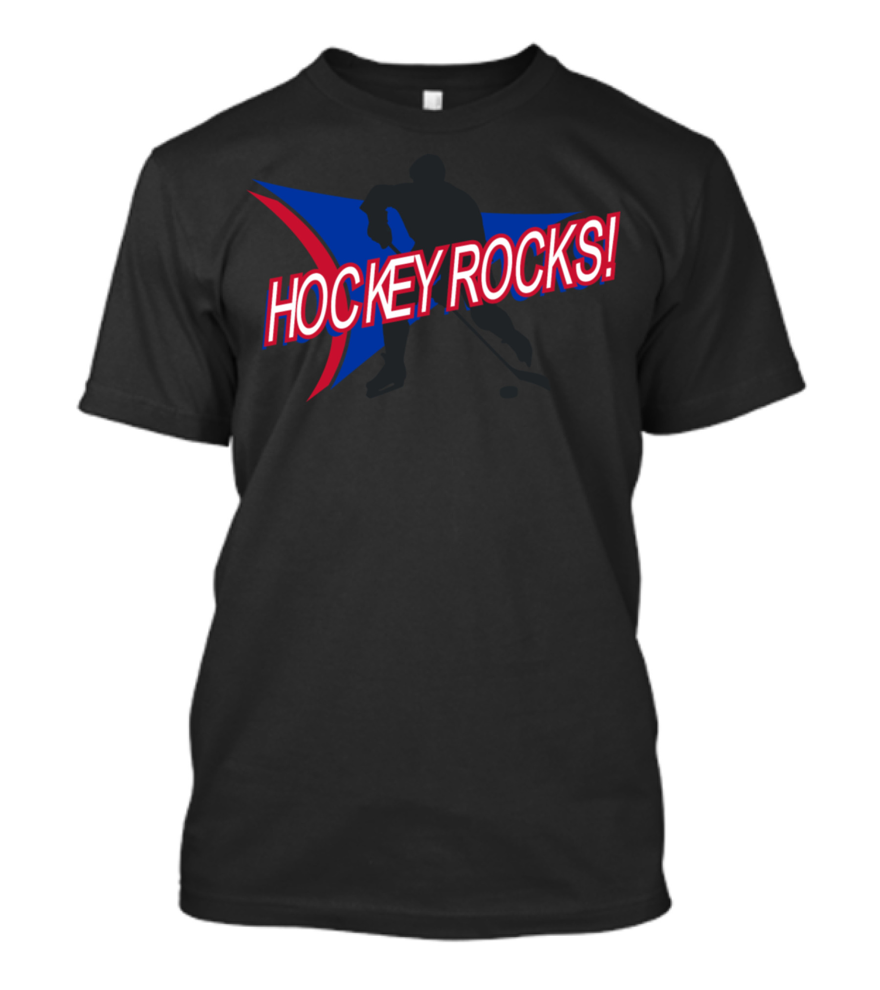 Hockey Rocks Player Silhouette With Blue And Red Triangular Background T-Shirt