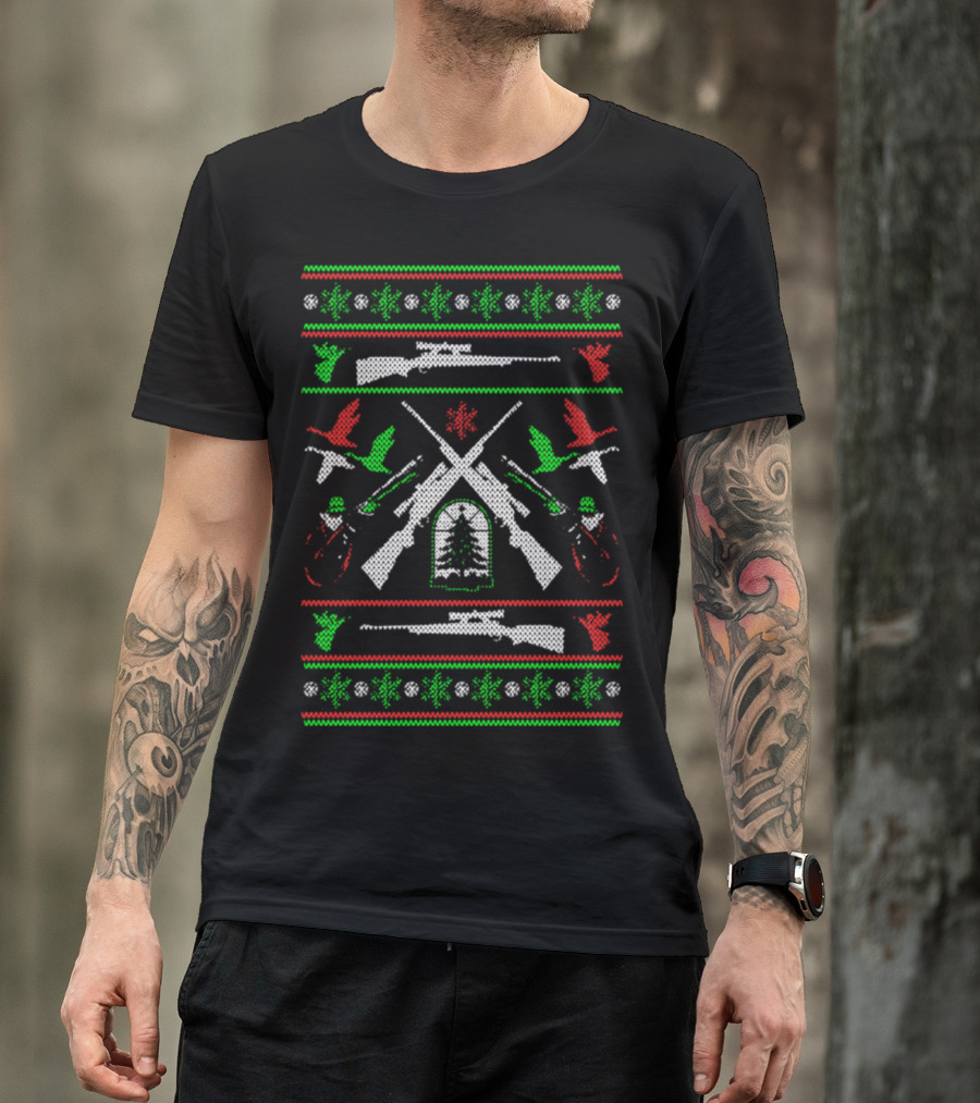 Hunters Christmas Ugly Sweater Pattern With Crossed Rifles And Pine Tree T-Shirt
