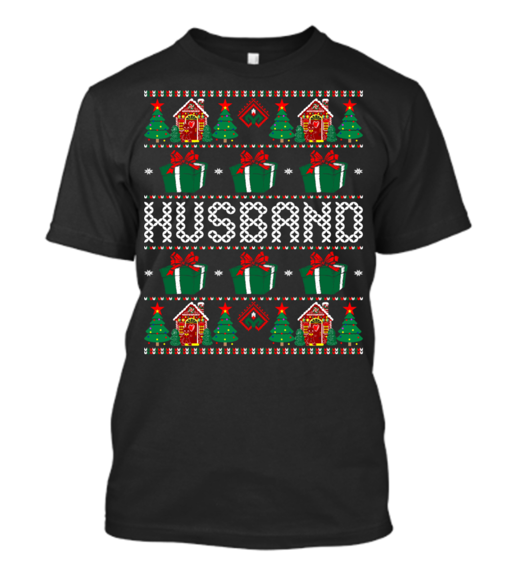 Husband Christmas Ugly Sweater Gingerbread House Presents Trees T-Shirt