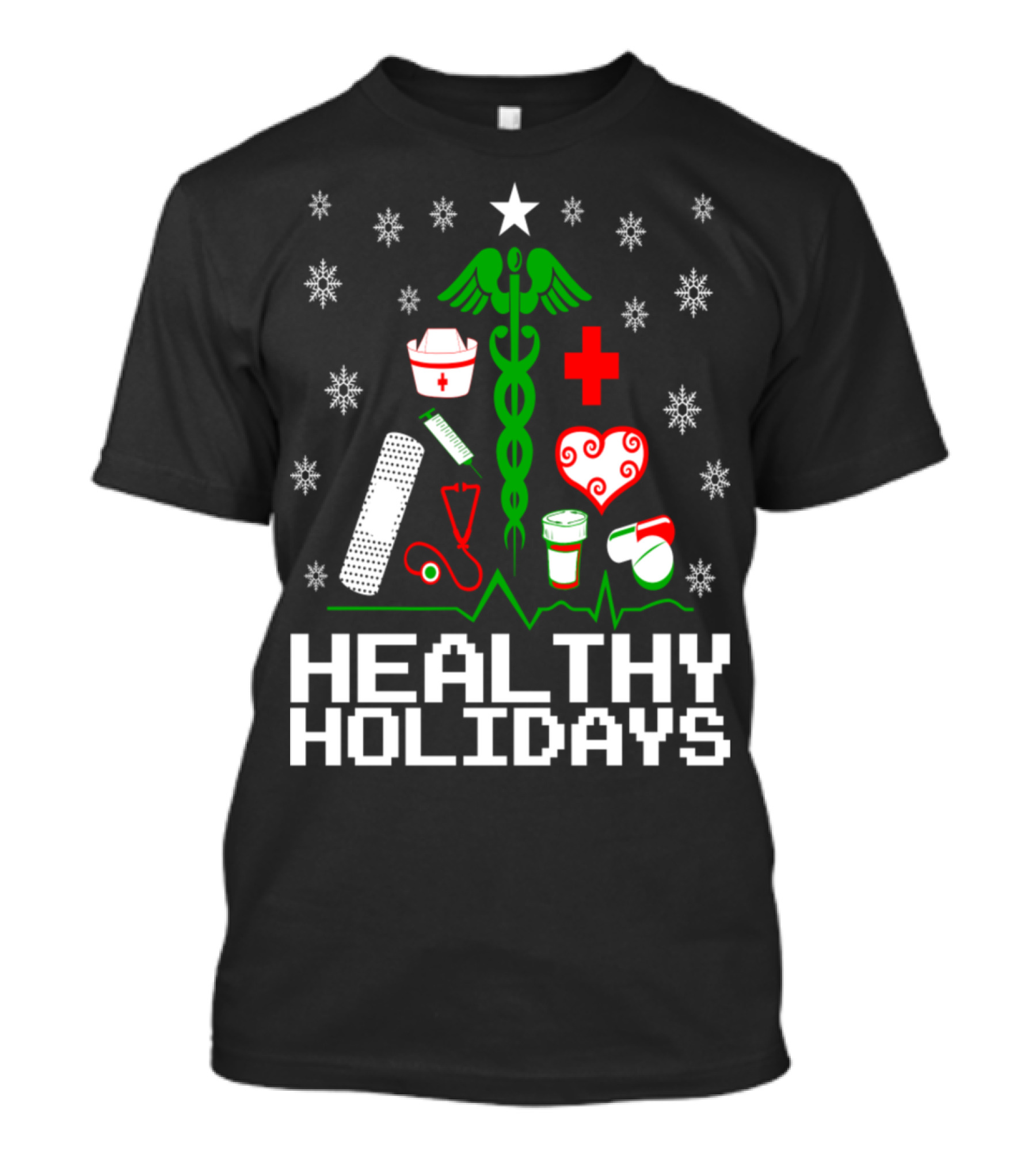 Healthy Holidays Nurse Caduceus Snowflakes Bandage Stethoscope Heart Rx T-Shirt