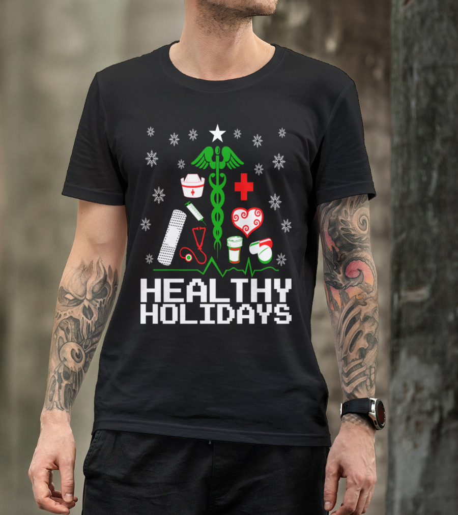 Healthy Holidays Nurse Caduceus Snowflakes Bandage Stethoscope Heart Rx T-Shirt