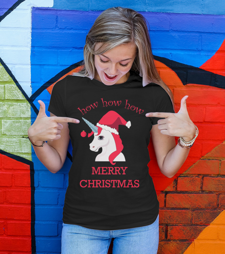 How How How Unicorn Merry Christmas Santa Hat T-Shirt