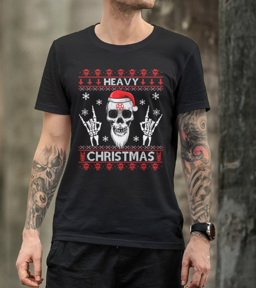 Heavy Christmas Ugly XmasMetal Head Skull With Santa Hat And Snowflakes T-Shirt