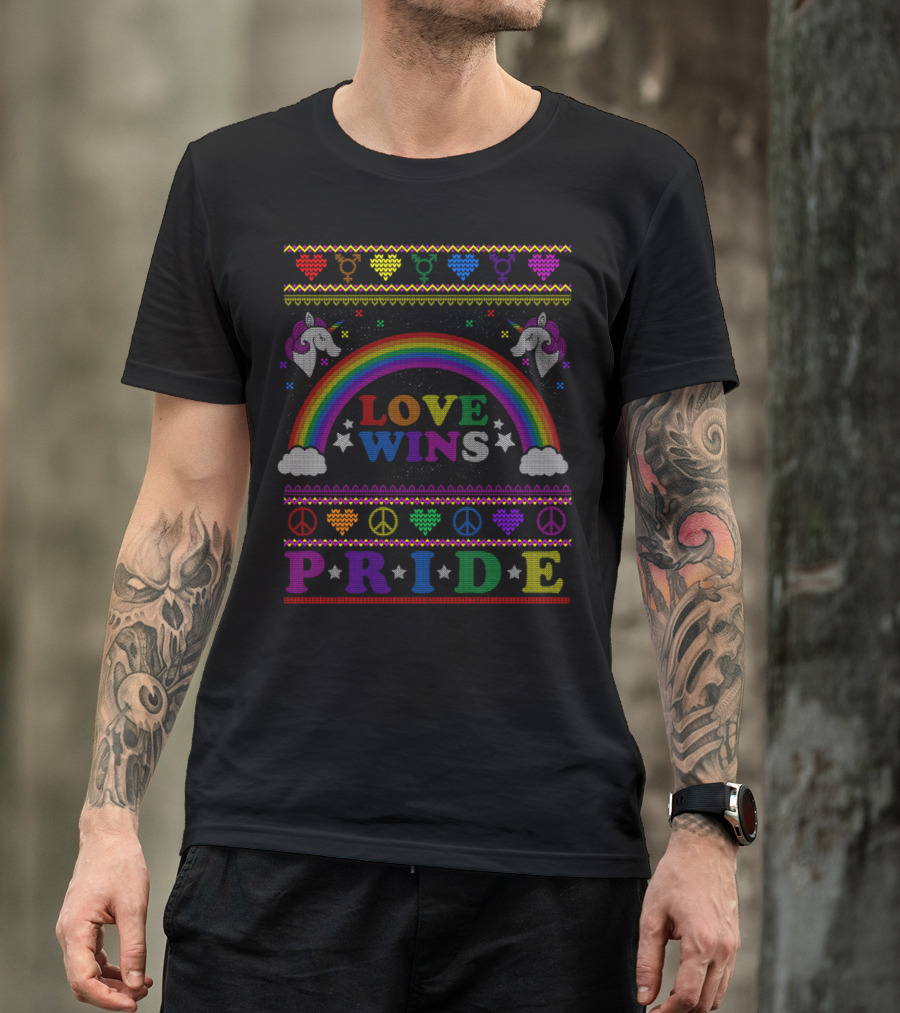 Love Wins Pride Rainbow Unicorn Ugly Christmas T-Shirt