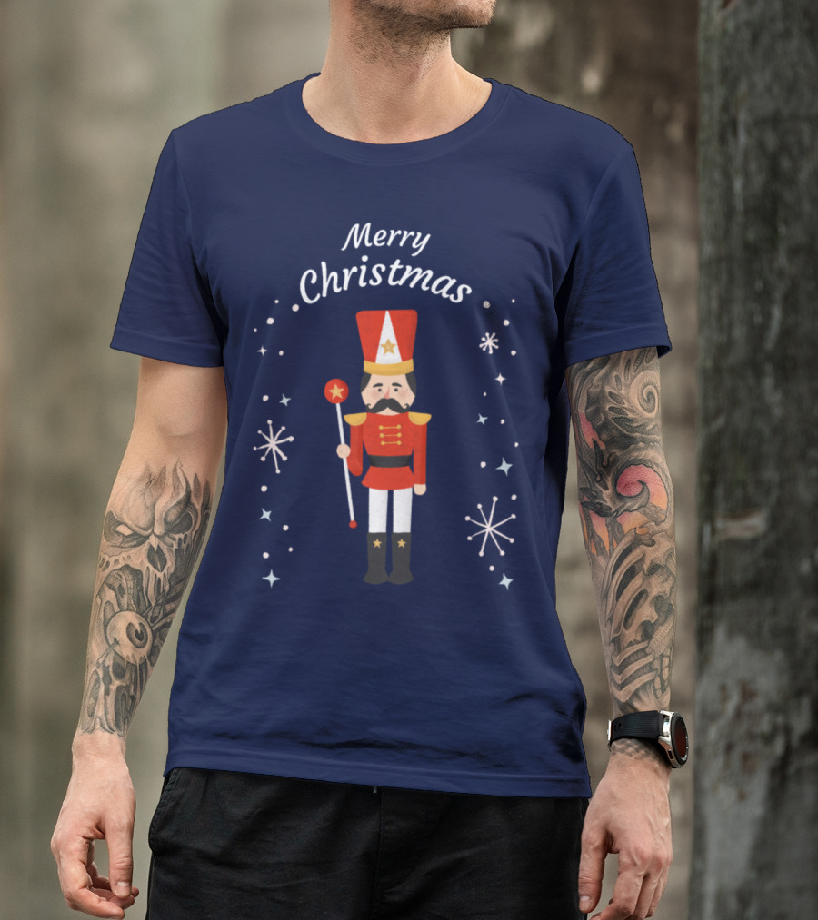 Merry Christmas Nutcracker Soldier With Stars And Snowflakes T-Shirt