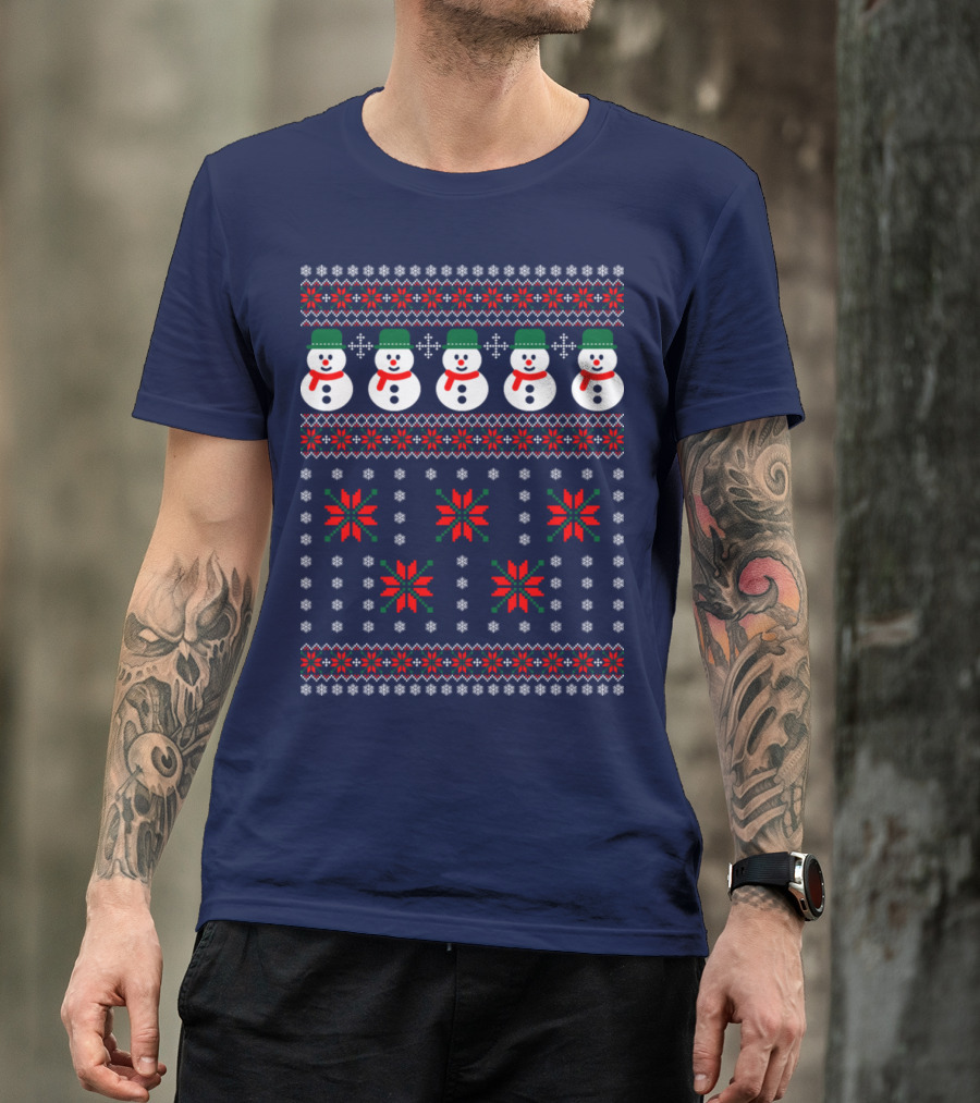 Mens Snowman Christmas Ugly Sweater Pattern Snowflakes T-Shirt