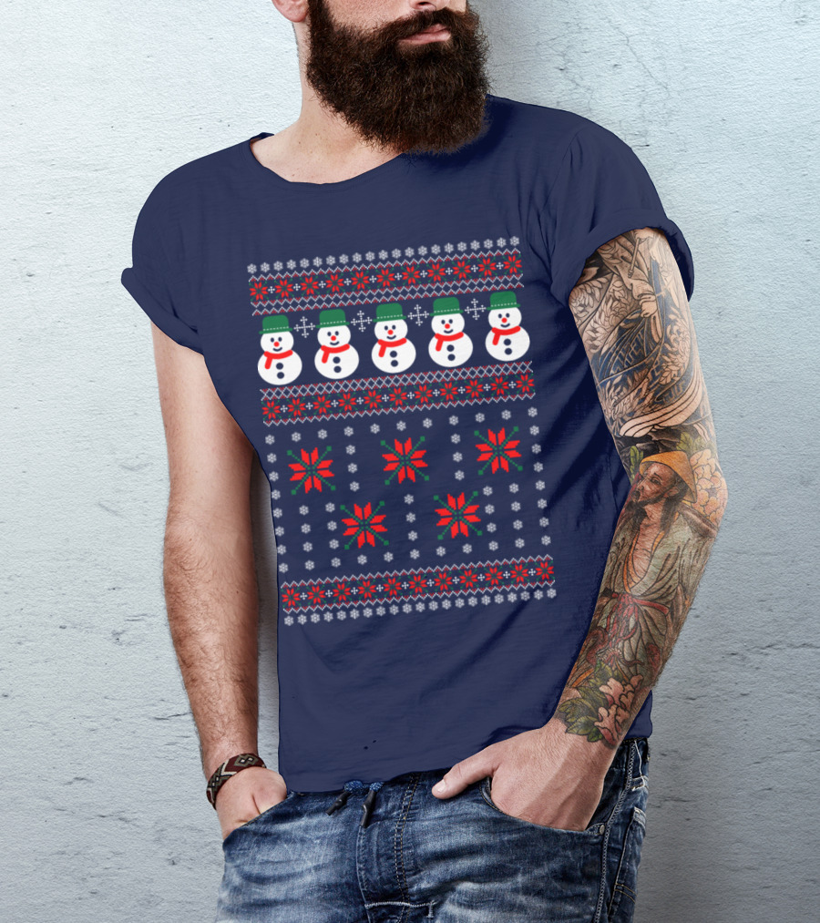 Mens Snowman Christmas Ugly Sweater Pattern Snowflakes T-Shirt