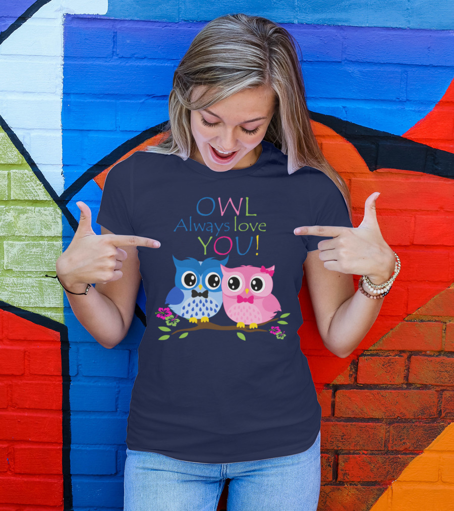 OWL Always Love YOU Cute Owl Couple Blue Pink With Flowers T-Shirt