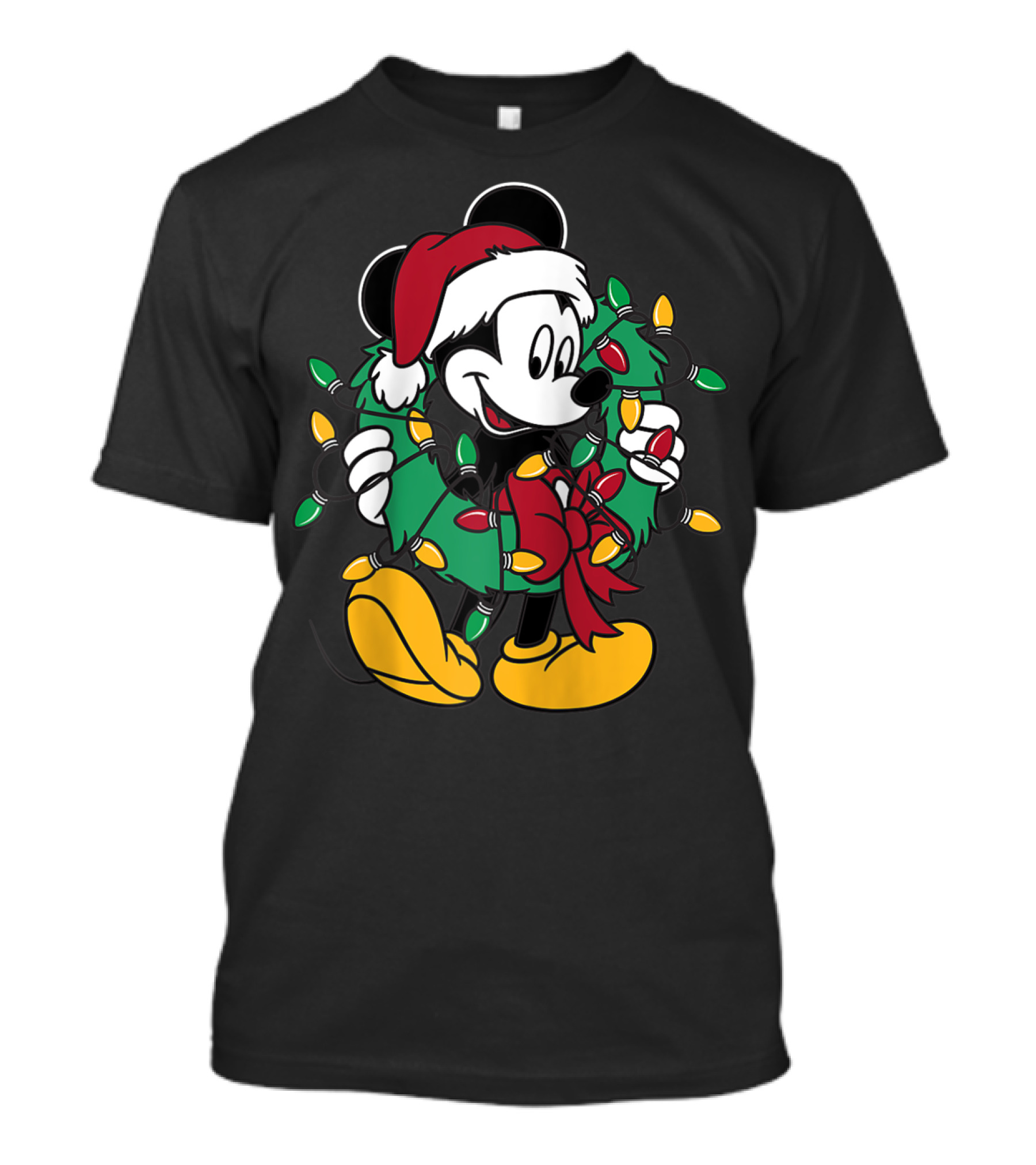 Mickey Mouse Christmas Wreath With Lights And Santa Hat T-Shirt