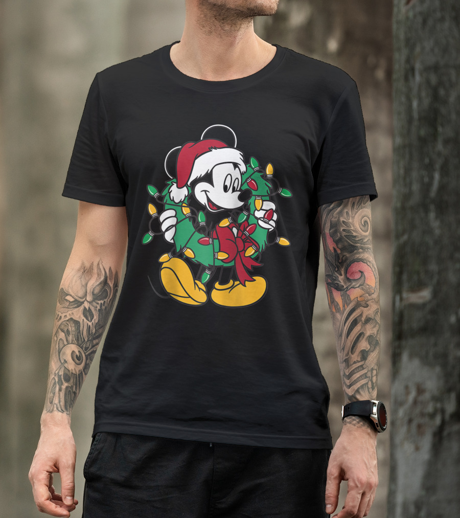 Mickey Mouse Christmas Wreath With Lights And Santa Hat T-Shirt