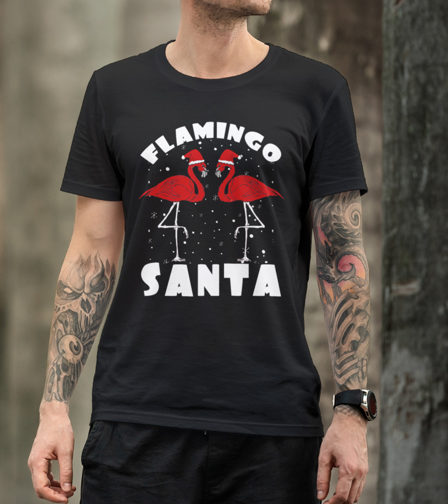 Flamingo Santa Christmas Snow Holiday Scene T-Shirt