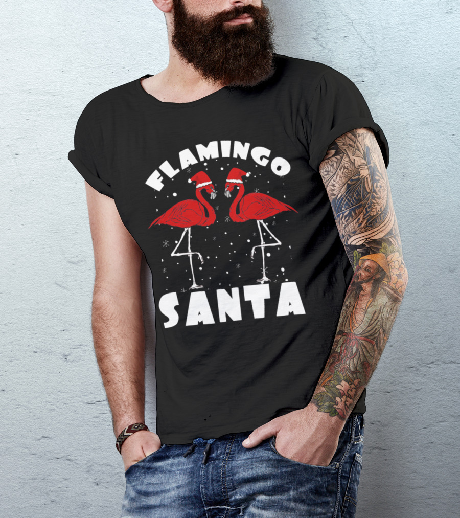Flamingo Santa Christmas Snow Holiday Scene T-Shirt