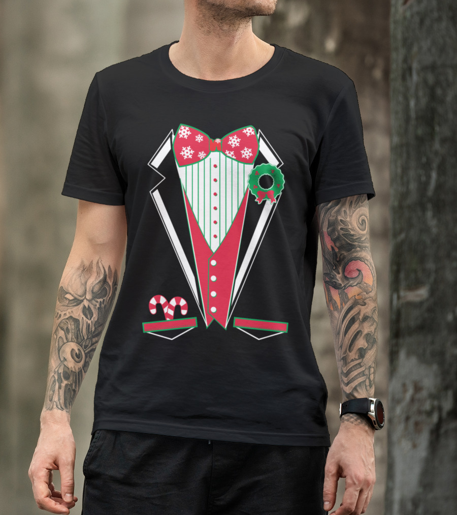 Merry Christmas Tuxedo Green Snowflake Bowtie Candy Cane Wreath T-Shirt