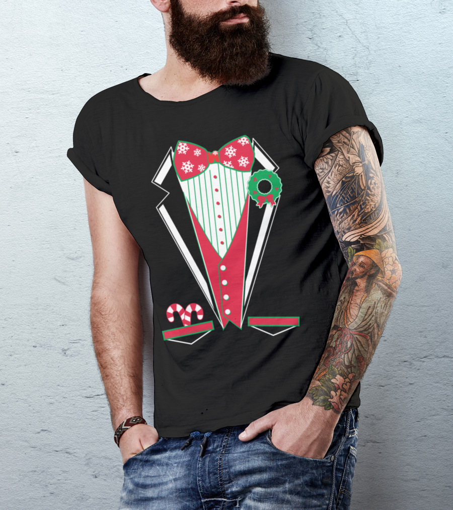 Merry Christmas Tuxedo Green Snowflake Bowtie Candy Cane Wreath T-Shirt