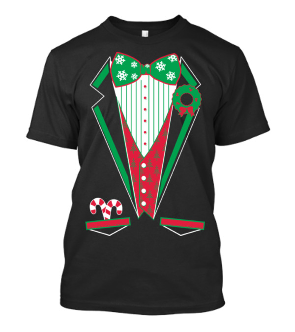 Merry Christmas Tuxedo Red Festive Bowtie Snowflakes Wreath Candy Canes T-Shirt