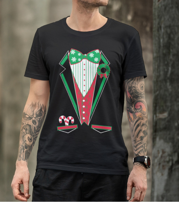 Merry Christmas Tuxedo Red Festive Bowtie Snowflakes Wreath Candy Canes T-Shirt