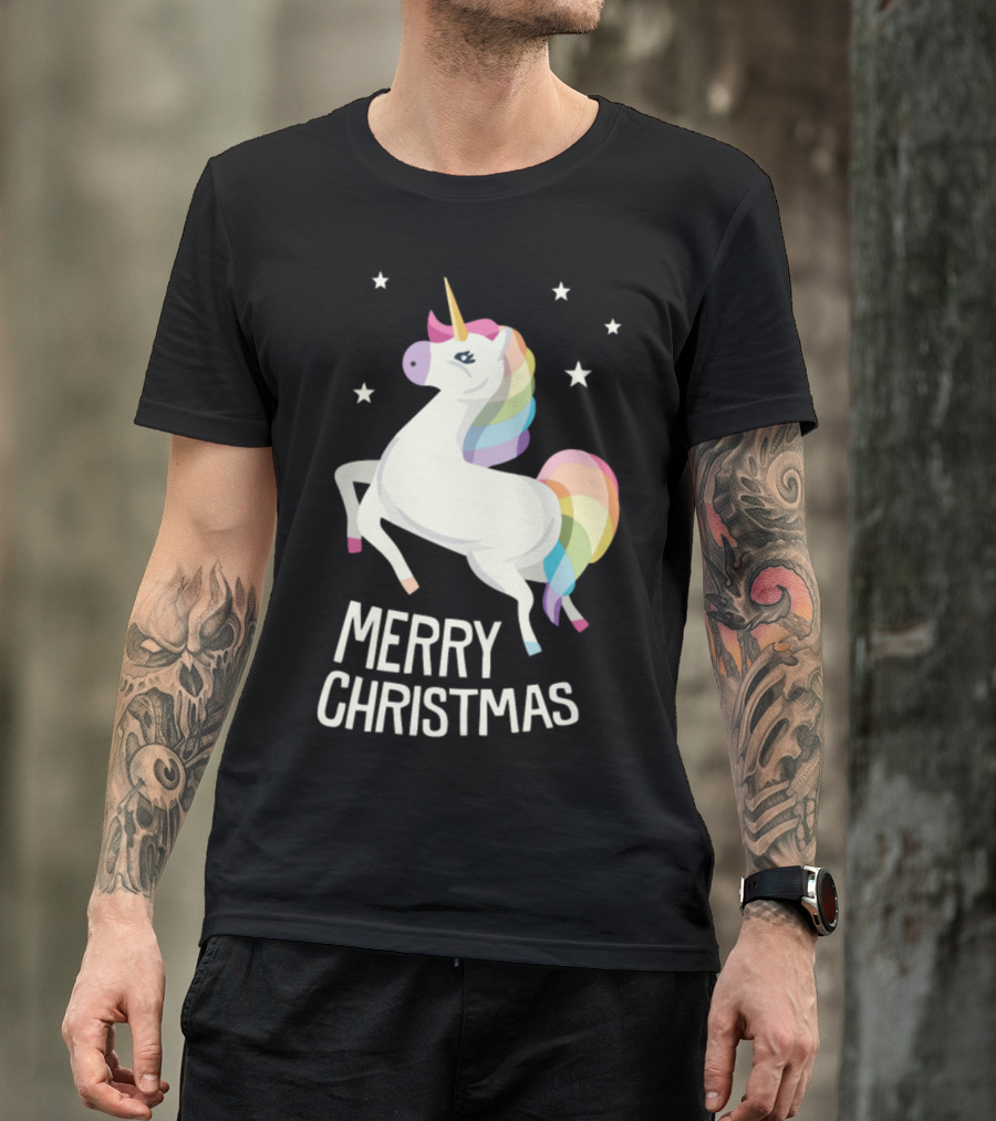 Merry Christmas Unicorn With Rainbow Mane And Stars T-Shirt