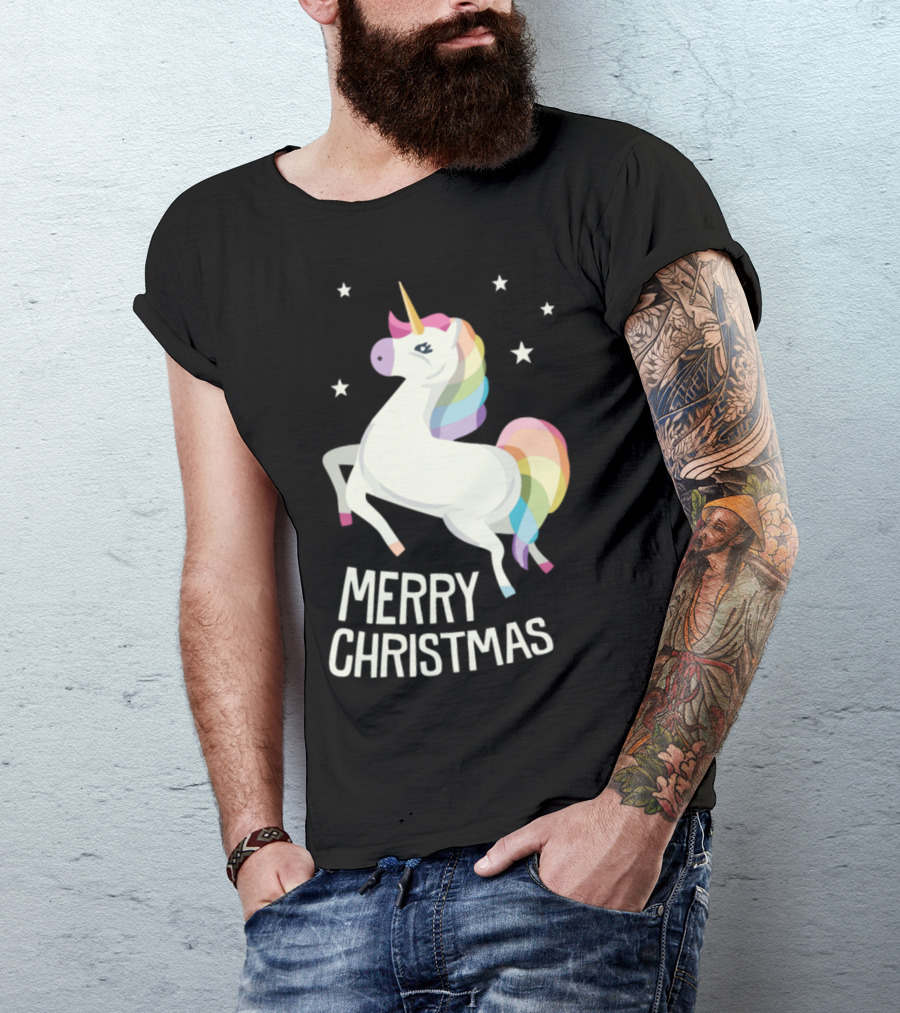 Merry Christmas Unicorn With Rainbow Mane And Stars T-Shirt