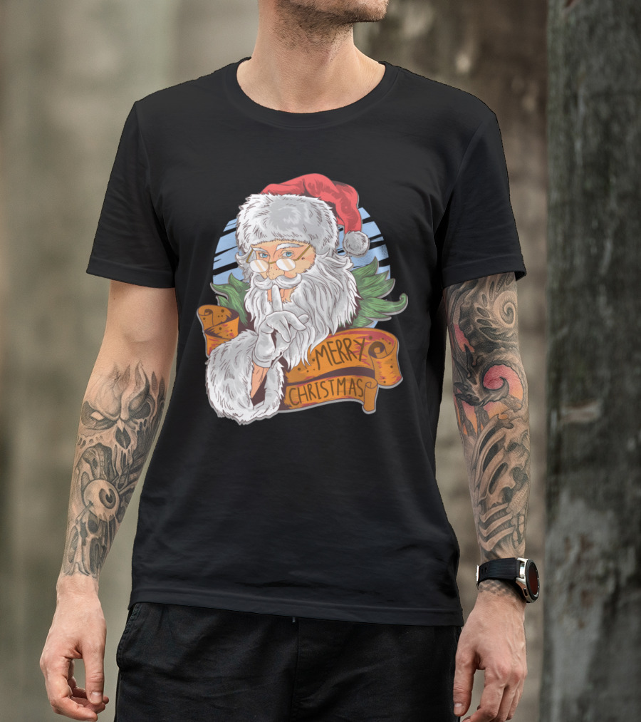 Merry Christmas Vintage Santa Claus With Glasses And Finger To Lips T-Shirt