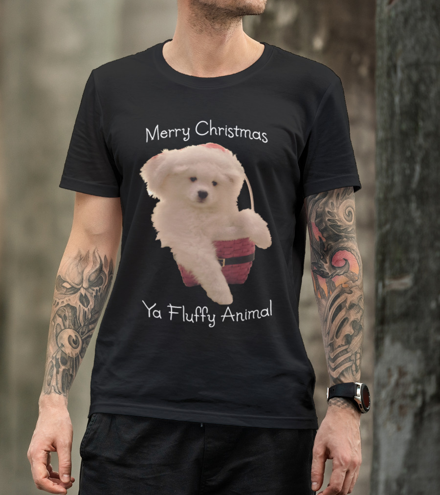 Merry Christmas Ya Fluffy Animal Cute White Dog In Santa Hat In Basket T-Shirt