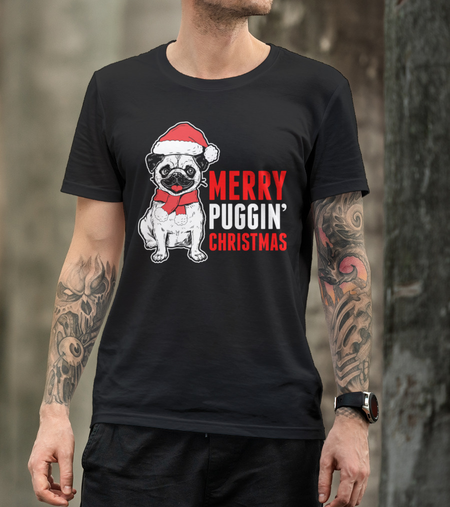 Merry Puggin' Christmas Santa Hat Pug T-Shirt