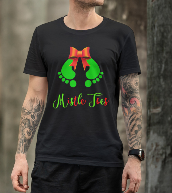 Mistle Toes Baby Footprints Green Feet Red Bow T-Shirt