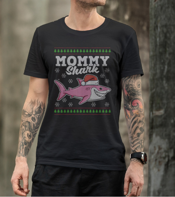 Mommy Shark Christmas Sweater With Santa Hat And Snowflakes T-Shirt