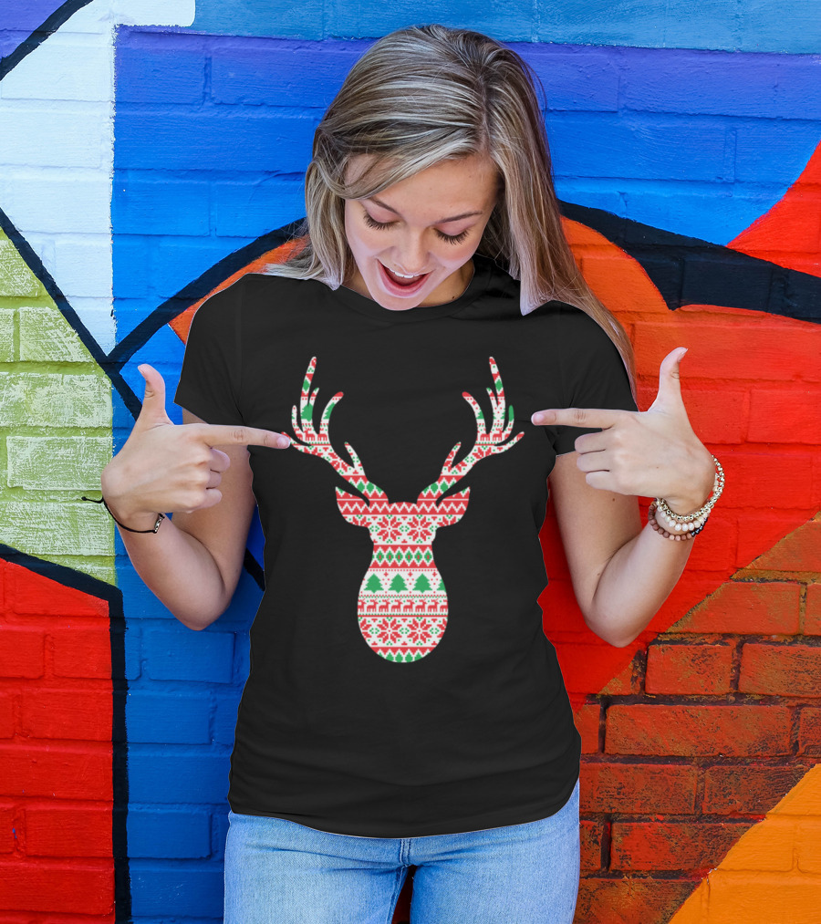Moose Elk Deer Christmas Pattern Nordic T-Shirt
