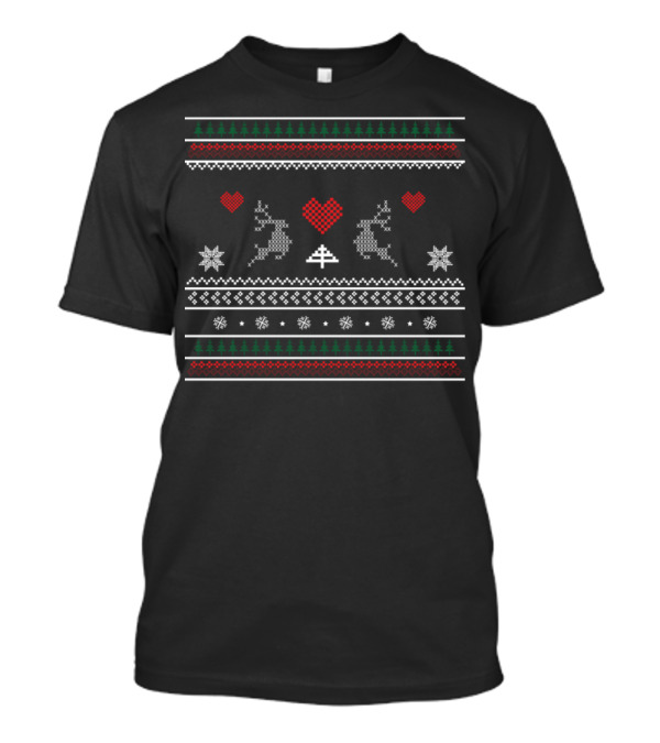 Moose Ugly Christmas Sweater Pattern With Hearts And Snowflakes T-Shirt